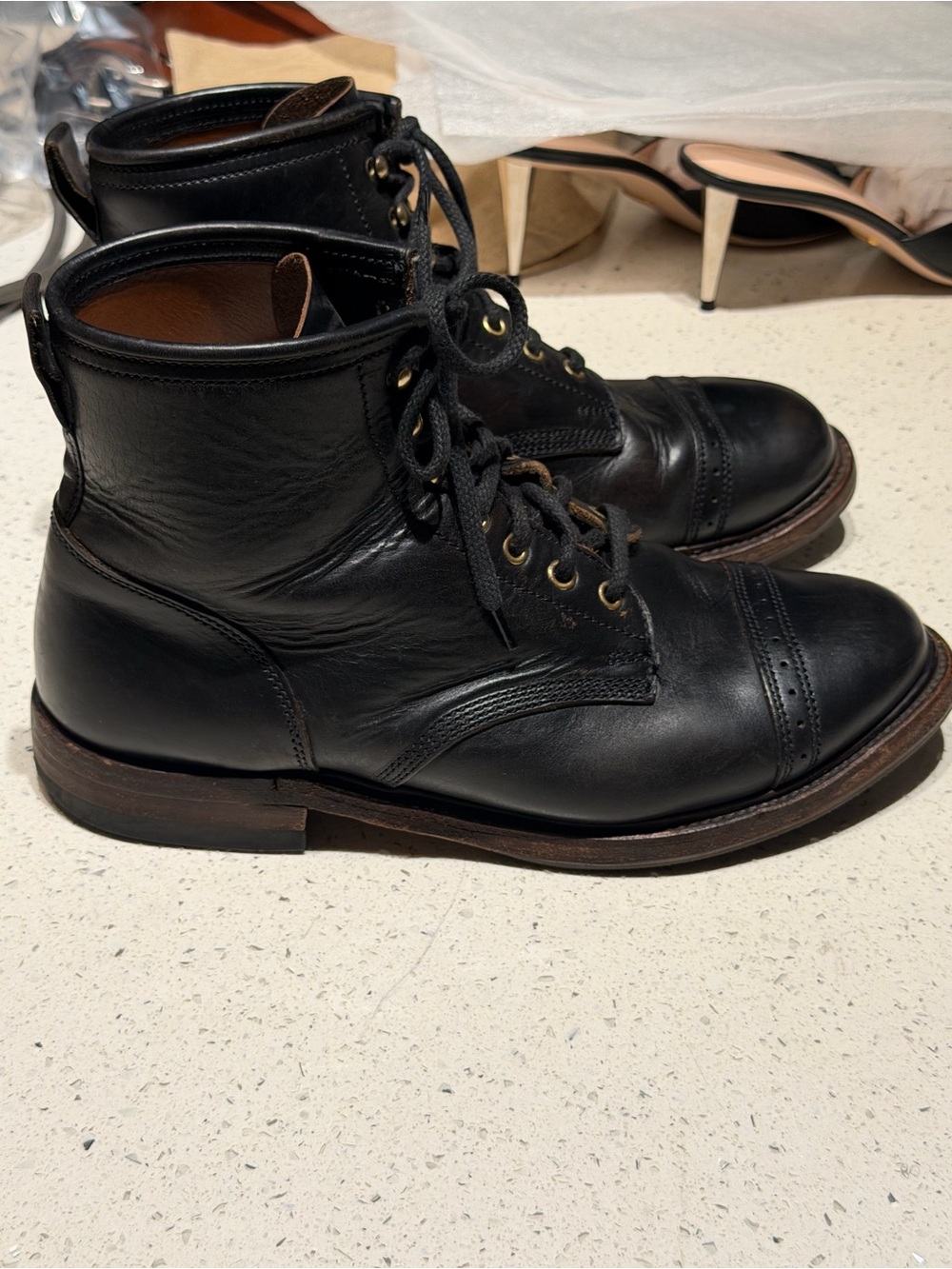 Ralph Lauren Double RL Black Leather Cap-Toe Lace-Up Boots